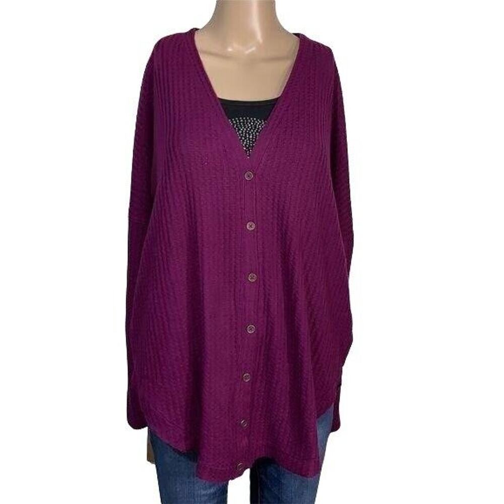 Maurices Womens Cardigan Sweater Waffle Knit Oversized Button Down Plum Purple